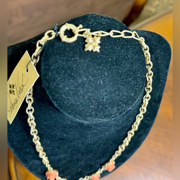 Necklace Gold-Tone Carved Rose Statement 17" + 3" extender Egyptian Gold, Pink - Picture 5 of 11